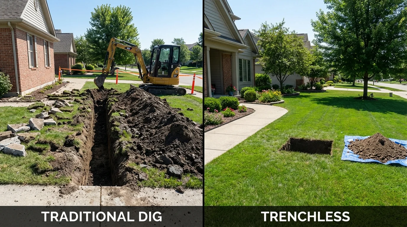 Trenchless sewer repair with minimal yard damage versus traditional excavation in Plainfield, CT
