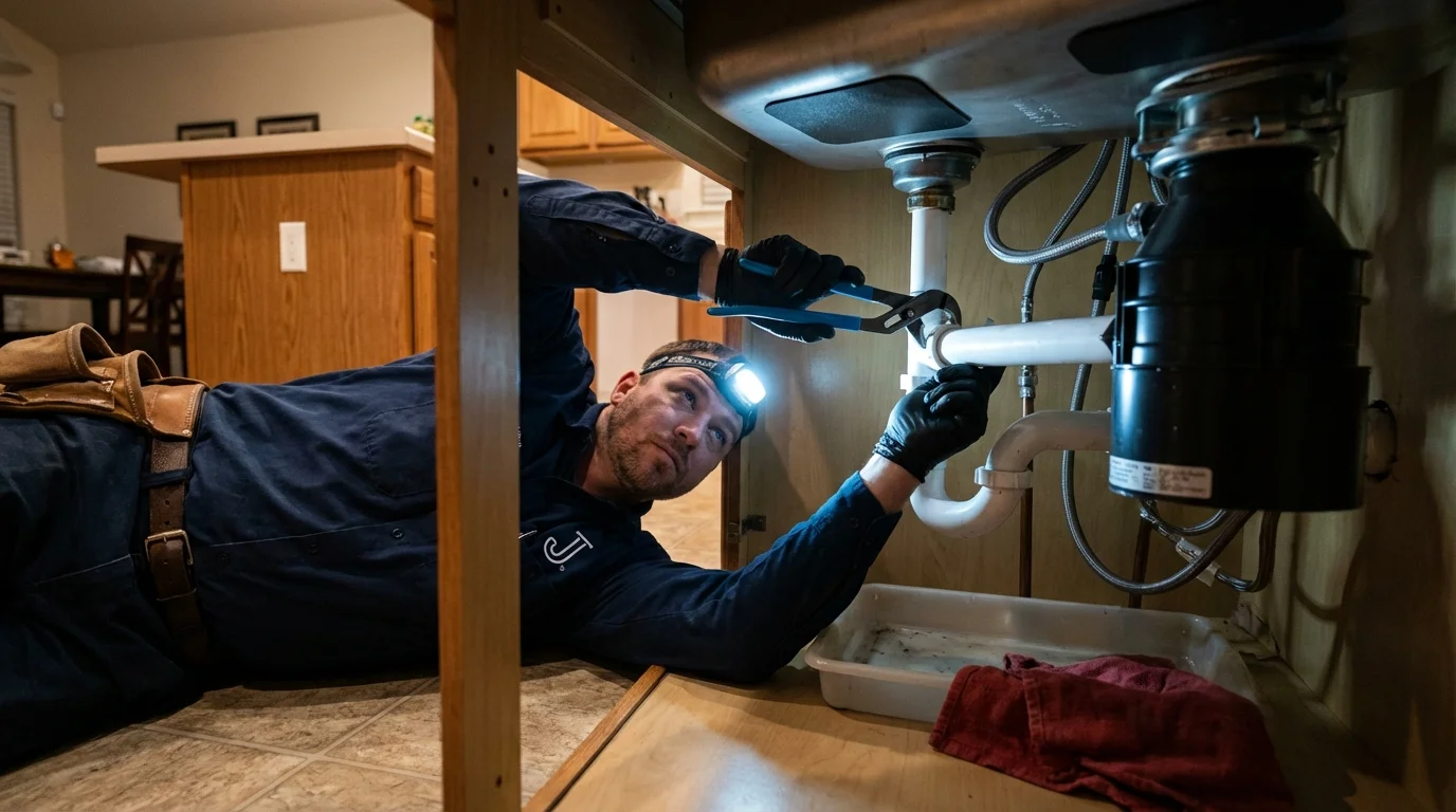 P-trap and supply line connections under a kitchen sink showing a common leak point in Plainfield, CT